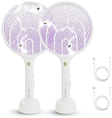 Aspectek 2 Pack Electric Fly Swatter 3000V,2 in 1 Mosquito Zapper, Rechargeable Bug Zapper Racket for Indoor and Outdoor, USB Charging Cable