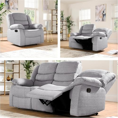 Recliner Grey Fabric 3+2+1 Seater Sofa set For Living Room - Cheap sofas & couches with Drop-Down Table & Cup Holders (3+2+1 Seater Sofa)