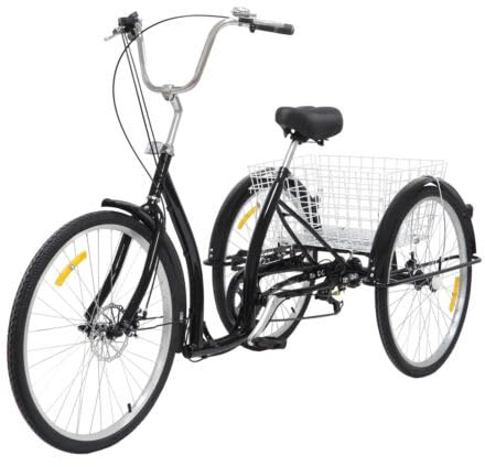 biusgiyeny 26-Zoll-Dreirad für Erwachsene 6 Geschwindigkeit 3 Rad Fahrrad Dreirad mit Einkaufskorb City-Dreirad Freizeitfahrrad Trike Bike Schwarz
