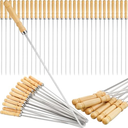 Minatee 40,6 cm Kabob-Spieß mit Holzgriff für Grill, Camping, Kochgeschirr, Lagerfeuer, Grill, Kochen, Edelstahl, Metallspieße für Kabobs mit Holzgriff (100 Stück)