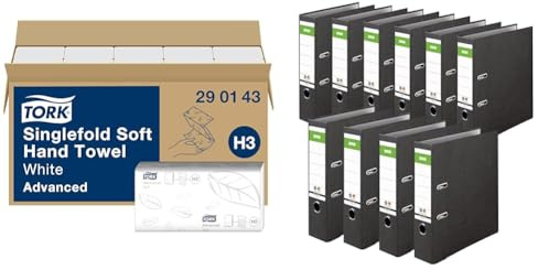 Tork weiche Zickzack Papierhandtücher Advanced 290143 & Original DINOR Ordner-Wolkenmarmor-Recycling - Made in Germany. 10er Pack 8 cm breit DIN A4 schwarz Aktenordner Briefordner Büroordner