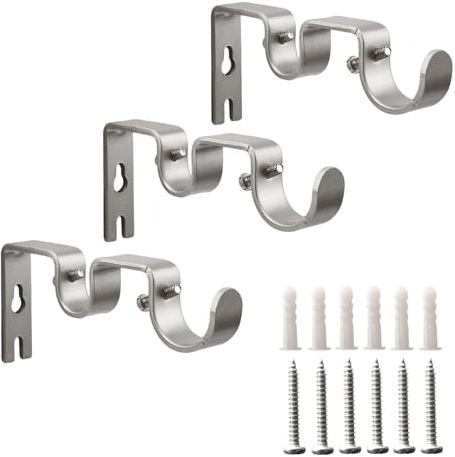 Shonmogar Soporte doble para barra de cortina, paquete de 3 soportes de barra de cortina de metal para pared, soportes resistentes para barra de cortina de 1 pulgada, ganchos plateados para barra de
