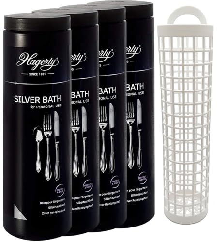 Hagerty Set 4x Silver Bath Silbertauchbad mit Anlaufschutz 580 ml I Effektives Silberputzmittel für Besteck aus Silber und versilbertem Metall I Silber-Reinigungsbad für erneuerten Glanz mit Tauchkorb