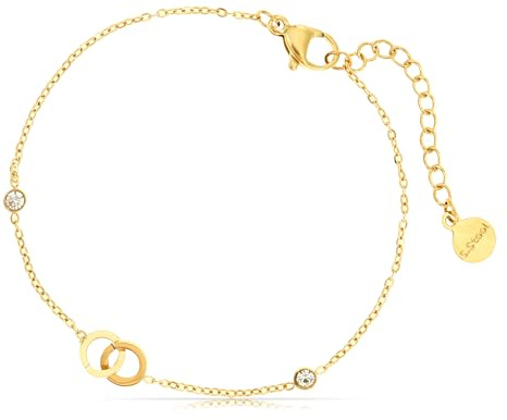 Made by Nami Edelstahl Armband Damen Gold mit zwei Edelsteinen und zwei verwundenen Kreisen 16 + 4 cm Mutter Tochter Geschenk Wasserfester Schmuck