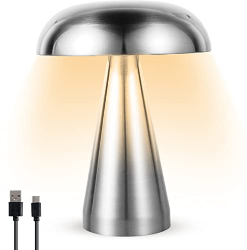 Mushroom Table Lamp USB Rechargeable Desk Lamp Portable Cordless LED Desk Light Touch Control Night Light with 3 Color Dimming Decorative Metal Bedside Lamp for Bedroom Living Room Dining Room(silver)