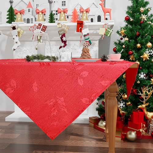 smiry Tovaglia natalizia lavabile, 80 x 80 cm, colore rosso con foglie di agrifoglio, tessuto jacquard, impermeabile, effetto lotto, protezione media, per cucina, feste, decorazione