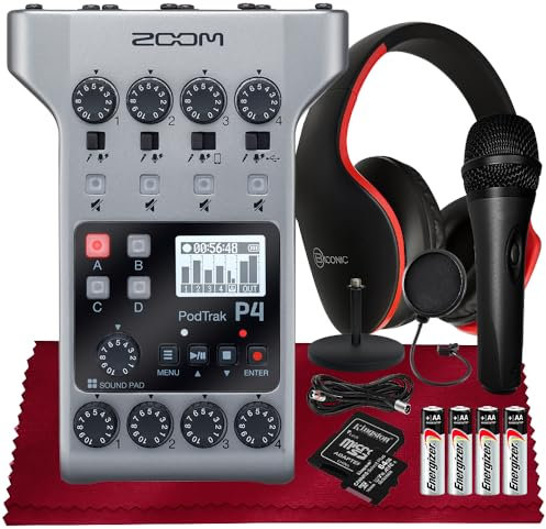 SonicSound Technologies Zoom PodTrak P4 Portable Multitrack Podcast Recorder, 64GB SD, 4 Mic Inputs, 4 Headphone Outputs, USB, SDHC, Secure Digital, 3.5mm Headphones Jack