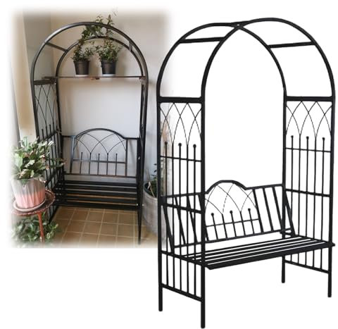 Arche de Jardin en métal Noir,Arceau à Rosiers Exterieur avec Banc,Arche à rosiers 210cm de Haut x 114cm de Large,Pergola Tonnelle de Jardin,Intérieur Extérieur Décoration