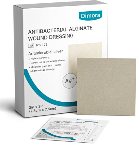 Dimora Upgrade Silver Calcium Alginate Wound Dressing -Antibacterial Non Stick Gauze for Wounds Care, Highly Absorbent Sterile Bandage Pads with Ag, 3'' x 3'' Patches 12 Packs Individual