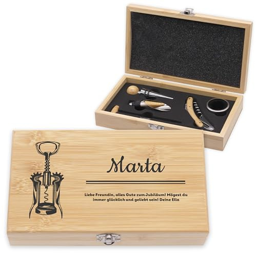 LAUBLUST Weinöffner Set Personalisiert - 5er Weinzubehörset als Sommelier Set | Flaschenöffner - Wein Zubehör mit Holz Geschenkbox | Personalisierte Geschenke für Männer mit Korkenzieher & Thermometer
