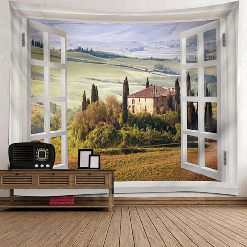 Musihy Wandbehang Wandteppich | Polyester Fenster Ebenen Landschaft Wanddeko für Schlafzimmer Wohnzimmer | Grün Weiß, 300x256cm