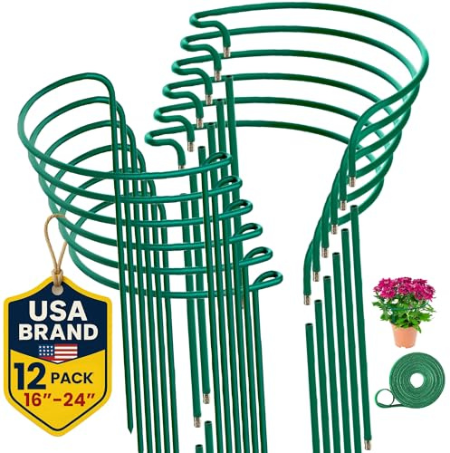 12 Pack Plant Support Stakes – Tall Plant Stakes for Indoor and Outdoor Gardens - Peony Cages and Supports - Cage Rings for Potted Flowers, Peony, Hydrangea, and Rose Bush (10 W x 16 - 24 H)