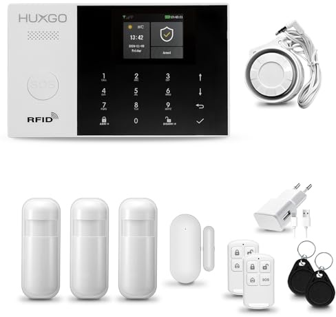 Sistema de Alarma para casa WiFi + gsm 4G con Sirena | Alarma hogar Kit con 3 sensores PIR de Movimiento y 1 Sensor de Puerta/Ventana | Control Desde el teléfono | HUXGO® HXA005