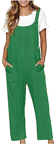 TURWXGSO Cotton Linen Dungarees for Women Loose Fit Ladies Baggy Overalls - Sleeveless Bib Overalls with Pockets, Plus Size Wide Leg Casual Jumpsuit & Playsuit