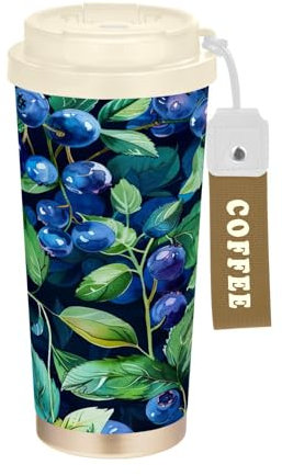 SKYSHU Blueberry Tasse à café de voyage isotherme de 500 ml avec couvercle paille, gobelet anti-déversement et étanche avec poignée – Bouteille d'eau réutilisable en acier inoxydable pour l'école, le