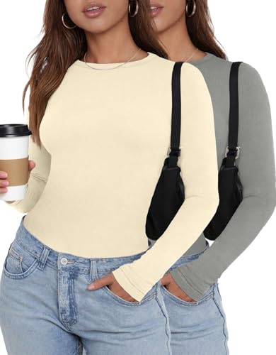 Yutdeng Maglia Donna Manica Lunga Elegante Girocollo Slim Fit Maglietta Casual T-Shirt Tinta Unita Elasticizzato Camicie Autunno Inverno Basic Top Bluse,Beige+Grigio Chiaro,L