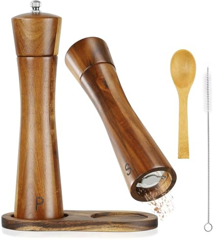 Salt and Pepper Grinder Set, Acacia Salt and Pepper Grinder Set of 2 with Ceramic Grinder,8inch Pepper Mill with Tray,Salt & Pepper Mills with Spoon and Brush, Brown