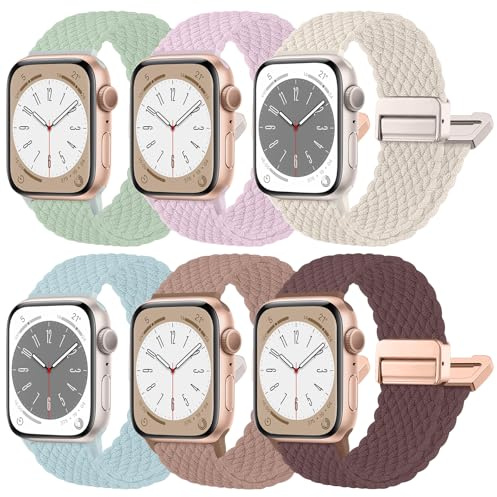 Chinbersky 6 Stycken Flätad Armband Kompatibel med Apple Watch Armband 44mm 45mm 46mm 49mm 42mm, Magnetiskt Elastiskt Sportband i Nylon för iWatch Ultra Series 11 10 9 8 7 6 5 4 3 2 SE
