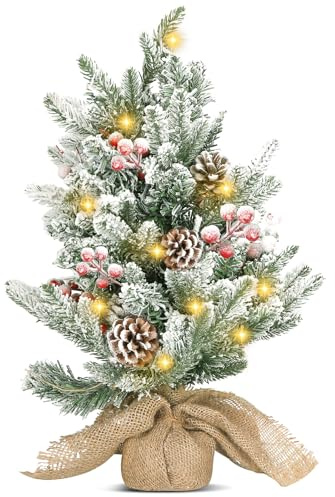 Aigostar Weihnachtsbaum mit Beleuchtung 50cm, künstlicher Weihnachtsbaum Klein, Mini Christmas Tree mit Schnee-Deko, Tannenzapfen und roten Beeren