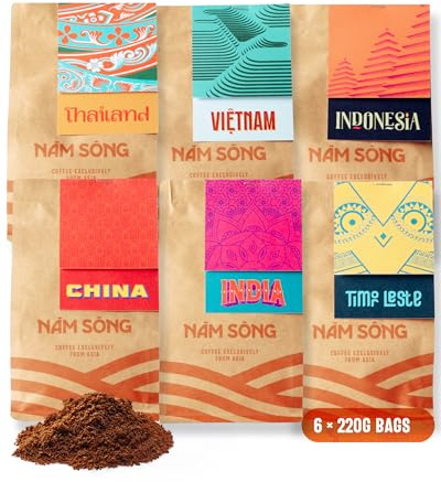 Nam Song Asian Experience Ground Coffee Beans Gift Set – Taster Featuring Vietnam, Thailand, Indonesia, China, Timor-Leste & India – Coffee Gift Set for Him & For Her, 6 x 220g Bags