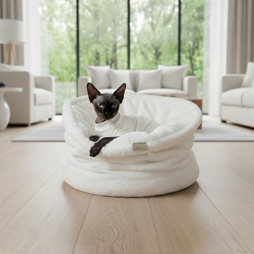PRASKA LUSSY 2-in-1 Katzenbett Hundebett 50 cm – Puschel Kuschelbett aus Premium-Fell | Weiches Rundbett für Katze & kleinen Hund | Formstabil & Waschbar | Luxus Edition EU