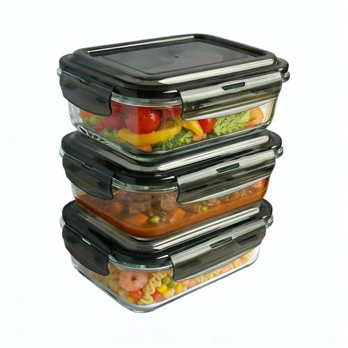 MantraRaj Glass Food Storage with Lids 3 Pack | 1100ml Airtight BPA Free Food Storage Containers with Locking Lids | Glass Meal Prep Lunch Box Takeaway Containers Microwave, Freezer & Dishwasher Safe