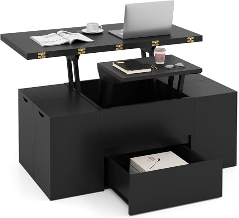 COSTWAY Lift Up Top Coffee Table, 3-in-1 Expandable Wooden Cocktail Center Table with 4 Storage Stools, Hidden Compartment & Drawer, Rectangle Accent Sofa Side Dining Table for 4-8 People (Black)