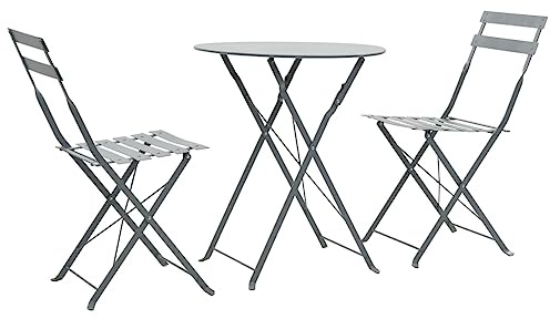 GeenYuu 3-TLG. Bistro-Set aus pulverbeschichtetem Stahl Grau, klappbar für Balkon, Terrasse und Garten, wetterfest, platzsparend mit Tisch 60x71 cm und 2 Stühlen
