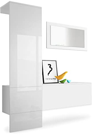 Vladon Garderobe Carlton Set 4, Made in Germany, Garderobenset bestehend aus 1 Garderobenpaneel, 1 Schrankmodul und 1 Wandspiegel, Weiß matt/Weiß Hochglanz (156 x 193 x 35 cm)