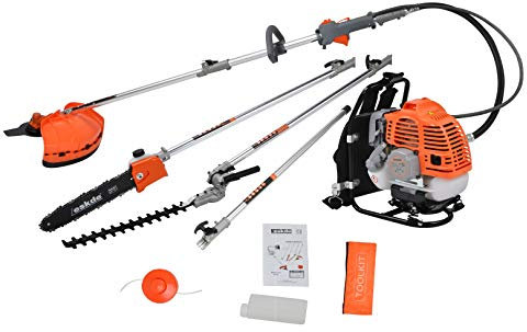 eSkde 5-in-1 Powerful 52cc 2 Stroke Petrol Gardening Backpack Kit including: Brushcutter, Strimmer, Grass Trimmer, Chainsaw, Hedge Trimmer and Extension Pole Attachments.