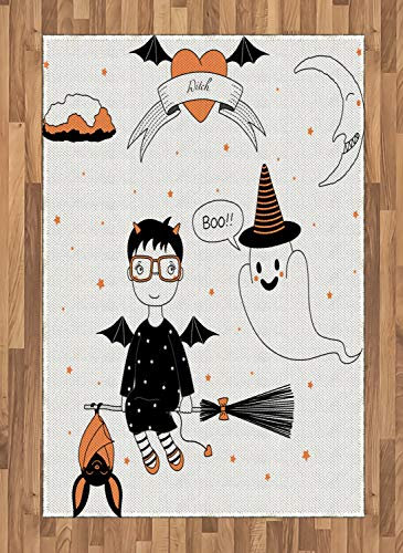 ABAKUHAUS Geist Teppich, Hexe, die auf einen Besenstiel fliegt, Deko-Teppich Digitaldruck, Färben mit langfristigen Halt, 120 x 180 cm, Orange Weiß und Schwarz