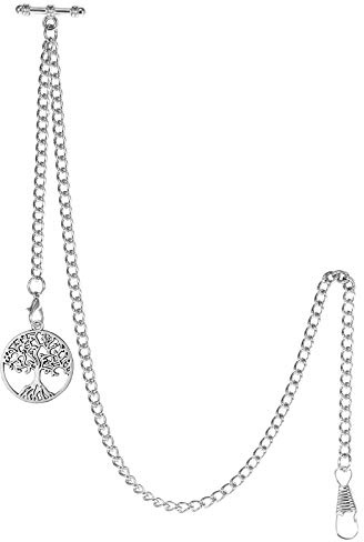 TREEWETO Men's Albert Chain Pocket Watch Curb Link Key Chain 2 Hooks with Antique Life Tree Pendant Design Charm Fob T Bar, Silver