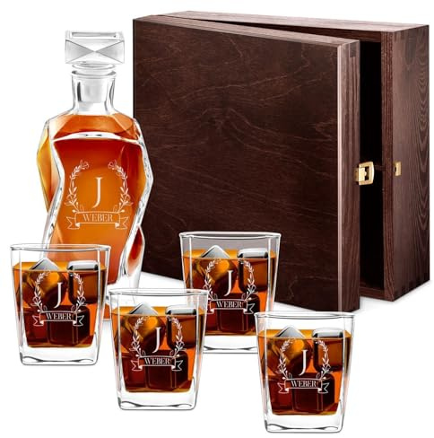 Maverton Whiskey Karaffe + 4 / 6er Whiskygläser Set mit Gravur - 700ml Whisky Dekanter - Geschenk zum Geburtstag für Damen - Weihnachtsgeschenke - Monogramm 1