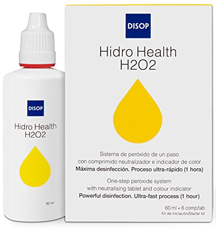 Hidro Health H2O2 Peróxido Líquido de Lentillas sin Conservantes. Proceso Rápido en 1 Hora. Limpieza y Máxima Desinfección para todo Tipo de Lentes de Contacto. Incluye 6 Comp. (60 ml)