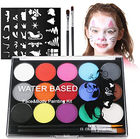 URAQT Kinderschminke Set, 15 Farben Schminkfarben Schminkpalette, Waschbar Face Paint Bodypaint Schminkset, Körperfarbe Kinder mit 2 Pinsel und 32 Tattoos für Halloween Karneval Make-up Fasching