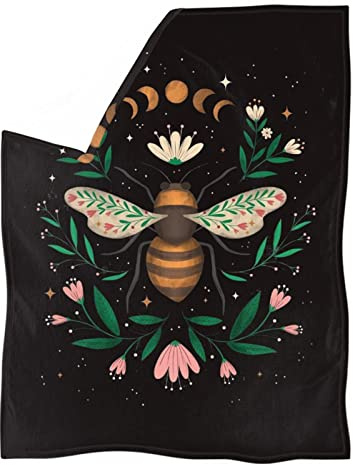 HUGS IDEA Manta de franela de abeja para yoga, meditación, picnic, sábana suave, cálida, sofá, sillón, estrellada, luna de noche, flor, abeja, mantas, divertidas, XS