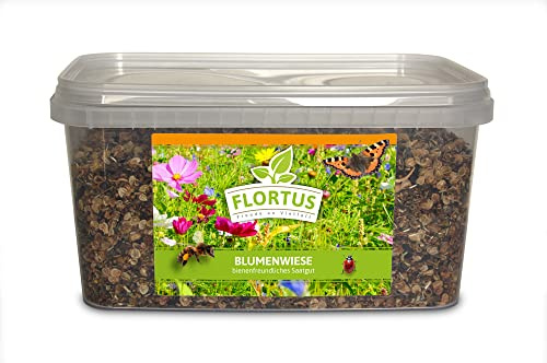 FLORTUS Blumenwiese für Bienen, Hummeln und Schmetterlinge | 5 l Eimer für 500-1.000 m² | Wiesensaatgut für eine farbenfrohe Bienenwiese | Bunte Wildblumenmischung für Garten und Wiese | Blumensamen