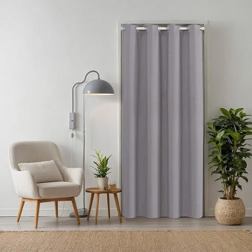 tinycurtains, tenda per porta o armadio con asta telescopica, facile da installare in 1 solo minuto senza forare (tenda grigio chiaro + asta bianca, larghezza porta 70-120 cm)