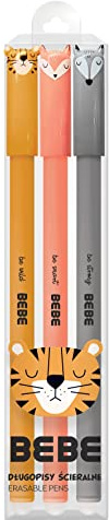 Radierbarer Kugelschreiber - Tiermotive - mit Gummi - Blau - Fuchs + Tiger + Wolf - 3er Set