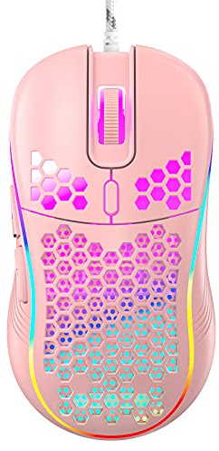 Techsea Honeycomb Wired Gaming Mouse with RGB On/Off Switch, 7200 Adjustable DPI, Ergonomic Lightweight Design & High Precision Sensor for PC/Mac Gamers (Pink)