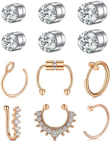 Mayhoop Fake Nasenpiercing Gefälscht Fake Septum Piercing Fake Nose Ring Faux Nasenring Fake Ohr Helix Cartilage Piercing 12Stk Rosegold
