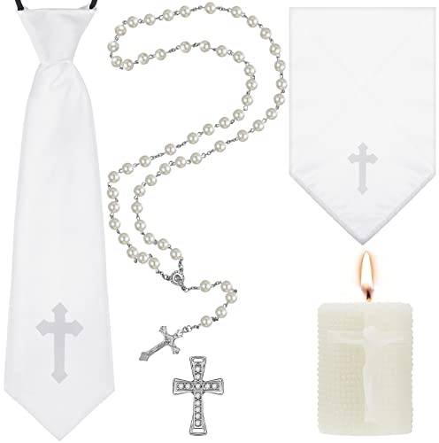5 Pieces First Holy Communion Accessories Communion Set Including 1 Tie 1 Folded Handkerchief Embroidered with the Cross 1 Cross Pin 1 Pearl Rosary 1 Cross Candle for Baptism