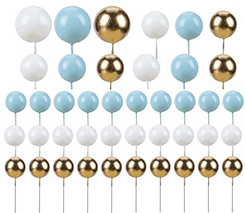 42pcs Balloon Cake Topper, Ball Cake Decorations Acrylic Cake Topper Mini Balloon DIY Cake Insert Cupcake Topper for Birthday Party Wedding Baby Shower Cake Decorations (White,Blue,Gold)