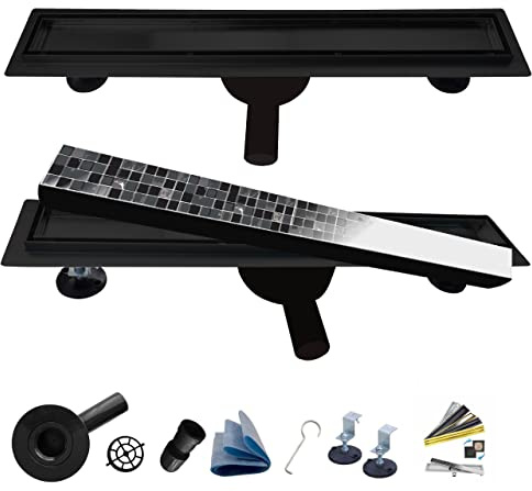 AQUA HEATING 2in1 linearer Edelstahl-Bodenablauf superflach Komplettset für Badezimmer mit bodengleicher Dusche, Duschrinne Set, Duschablauf Drehsiphon Doppelseitiger Rost 90 cm schwarz
