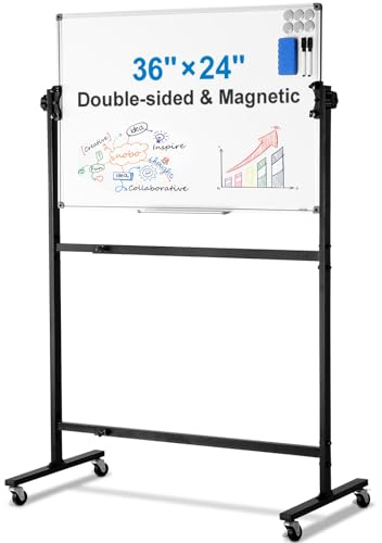 VEVOR Rolling Magnetic Whiteboard, Double-Sided Mobile Whiteboard 36x24 Inches, 360° Reversible Adjustable Height Dry Erase Board with Wheels & Movable Tray for Office, School