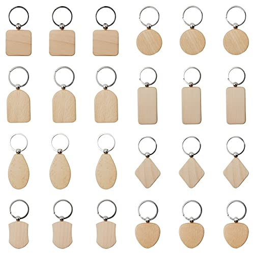 Keboyoe 24 Stück Holz Schlüsselanhänger Rohlinge, Schlüsselanhänger Holz Blanko Holzanhänger DIY SchlüsselanhaNger holz zum Bemalen Schlüssel Anhänger für Geschenk (8 Formen)