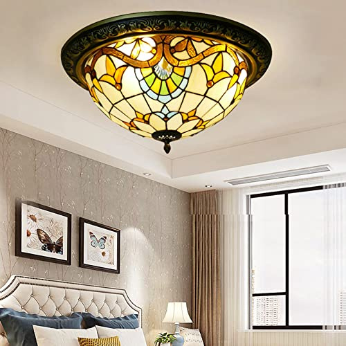 Fiunkes Baroque Ceiling Lights for Bedroom, Tiffany Style Stained Glass Ceiling Lamp Retro Traditional Flush Mount Ceiling Light Fixture for Living Room Hallway Foyer,16 inch
