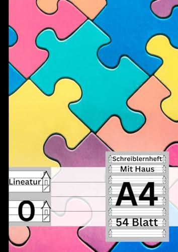 XXL Premium Schreibheft 1 Klasse | Breite Zeilen mit Haus - 108 Seiten / 54 Blatt - A4 Format - Lineatur 0: Geeignet als Deutschheft / Schreiblernheft | Bunter Puzzle Print