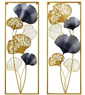Owneed Ginkgoblad väggdekoration metall 2 st. väggskulpturer rektangel blad dekoration 3D metallbild vardagsrum 85 x 31 cm