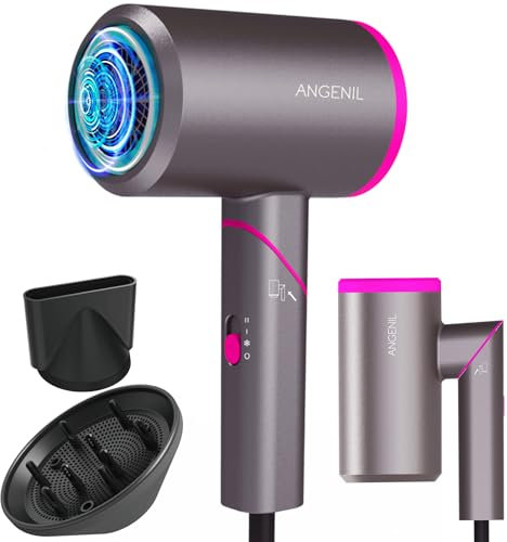 ANGENIL Diffuser Hair Dryer Curly Hair, Foldable Travel Hairdryers for Women Man, Fast Drying Ionic Blow Dryer, Professional Hair Dryer, Magnetic Nozzle, Lightweight Low Noise, 2 Speed 3 Constant Temp